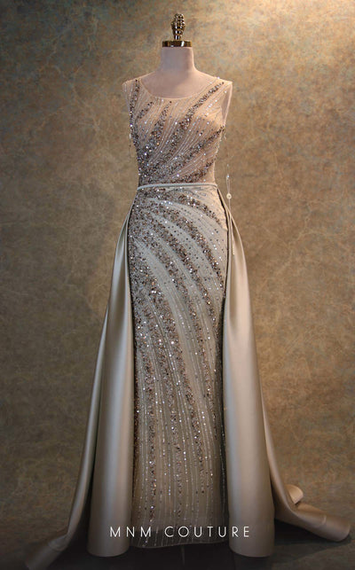 GLAM by MNM Couture V6397 ivory column gown with embroidered silk train and bead embellishments | Couture Shop LA