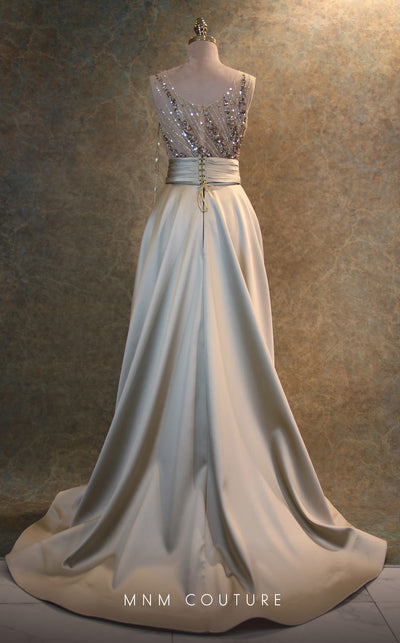 GLAM by MNM Couture V6397 ivory column gown with embroidered silk train and bead embellishments | Couture Shop LA