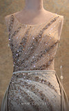 GLAM by MNM Couture V6397 ivory column gown with embroidered silk train and bead embellishments | Couture Shop LA