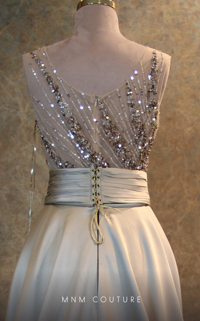 GLAM by MNM Couture V6397 ivory column gown with embroidered silk train and bead embellishments | Couture Shop LA