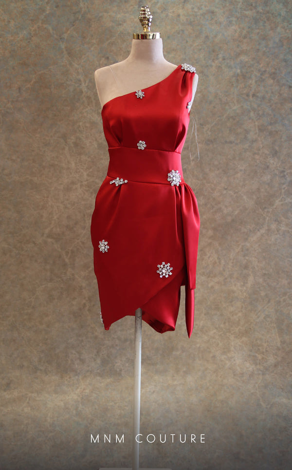 GLAM by MNM Couture V6433 red and fuchsia mini dress with floral brooches and asymmetric sleeve | Couture Shop LA