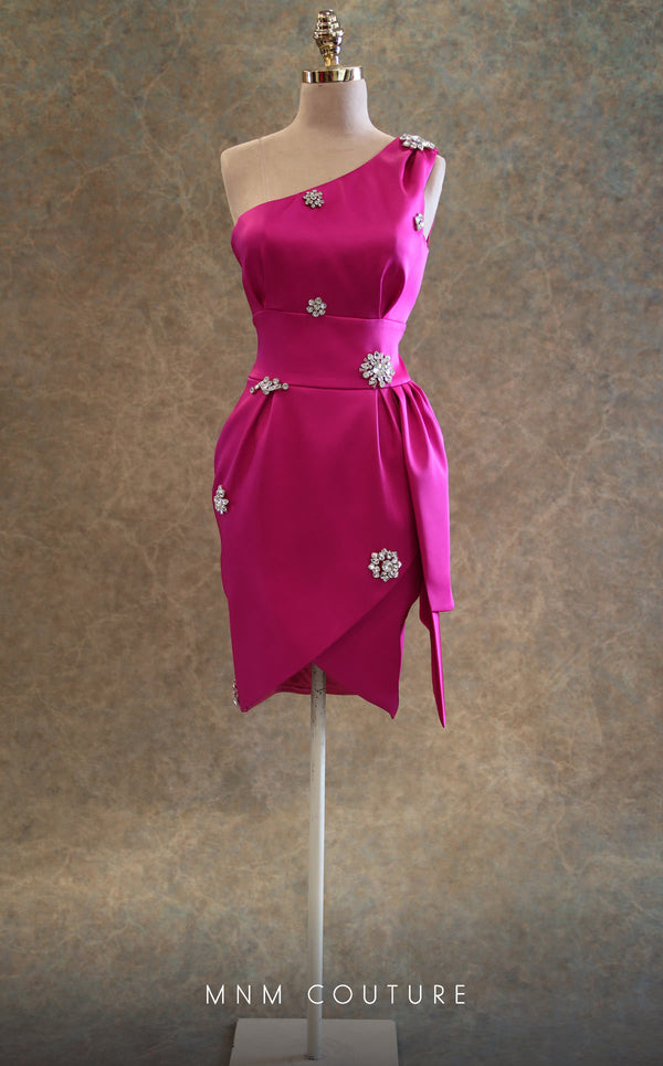 GLAM by MNM Couture V6433 red and fuchsia mini dress with floral brooches and asymmetric sleeve | Couture Shop LA