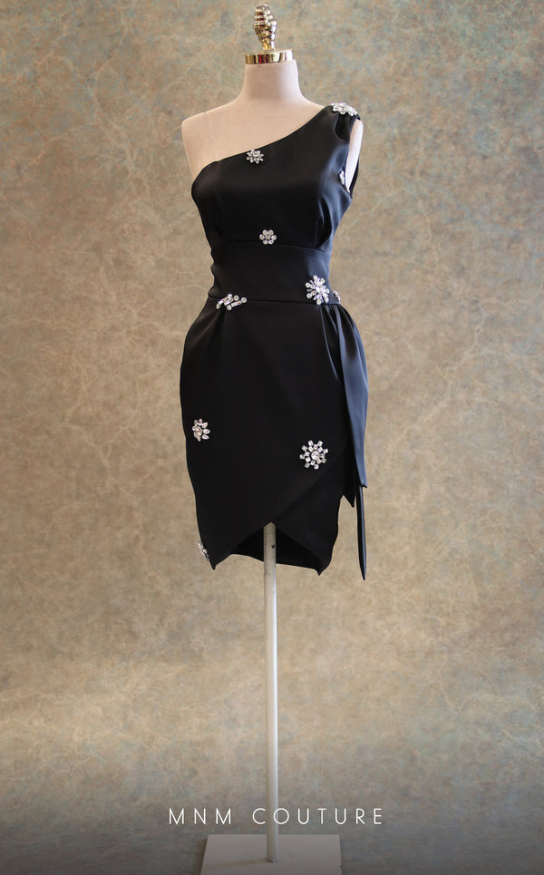 GLAM by MNM Couture V6433 red and fuchsia mini dress with floral brooches and asymmetric sleeve | Couture Shop LA