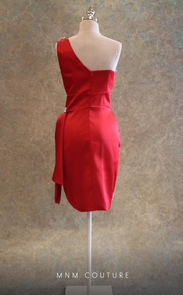 GLAM by MNM Couture V6433 red and fuchsia mini dress with floral brooches and asymmetric sleeve | Couture Shop LA