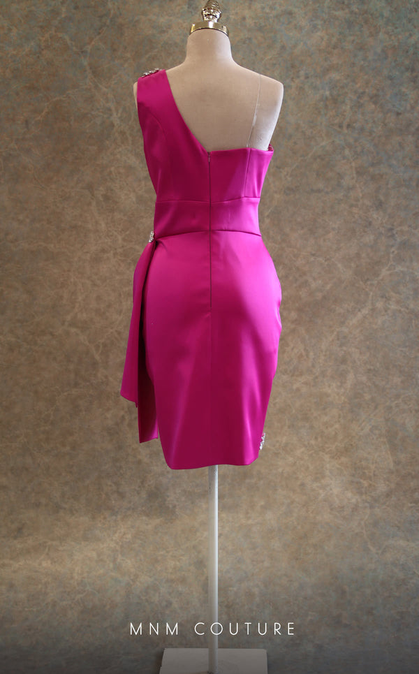 GLAM by MNM Couture V6433 red and fuchsia mini dress with floral brooches and asymmetric sleeve | Couture Shop LA