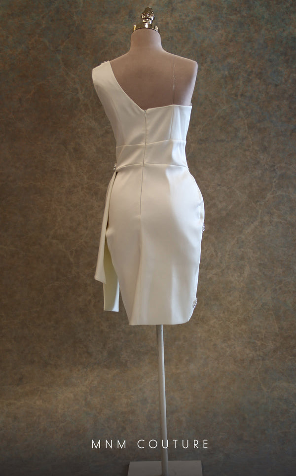 GLAM by MNM Couture V6433 red and fuchsia mini dress with floral brooches and asymmetric sleeve | Couture Shop LA