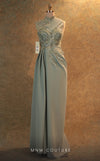 GLAM by MNM Couture V6457 grey column gown with high neckline and knee slit | Couture Shop LA