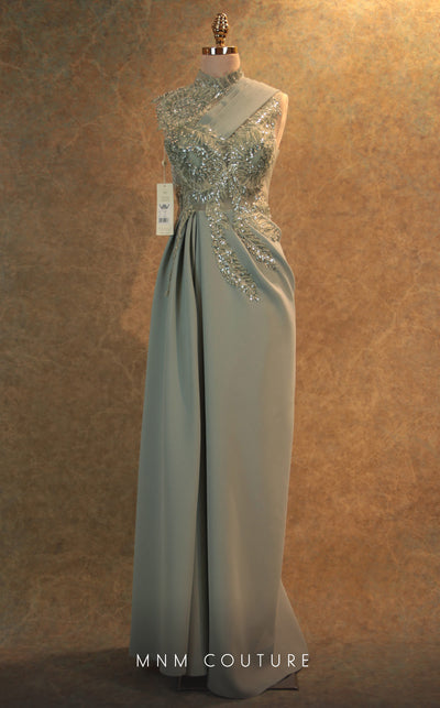 GLAM by MNM Couture V6457 grey column gown with high neckline and knee slit | Couture Shop LA