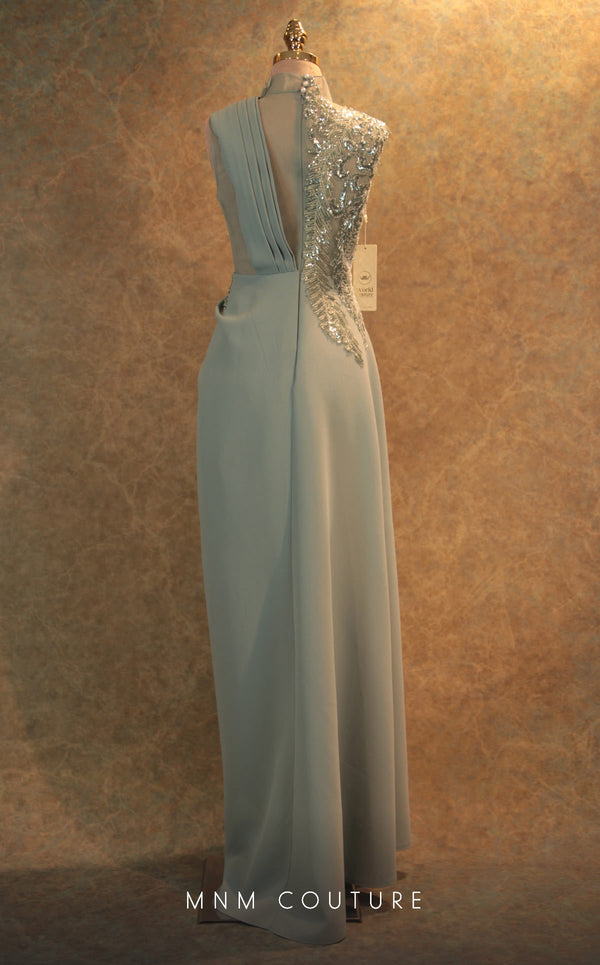 GLAM by MNM Couture V6457 grey column gown with high neckline and knee slit | Couture Shop LA