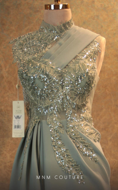 GLAM by MNM Couture V6457 grey column gown with high neckline and knee slit | Couture Shop LA