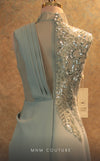 GLAM by MNM Couture V6457 grey column gown with high neckline and knee slit | Couture Shop LA
