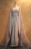 GLAM by MNM Couture V6463 grey gown with embroidered cape sleeves and pleated bodice | Couture Shop LA
