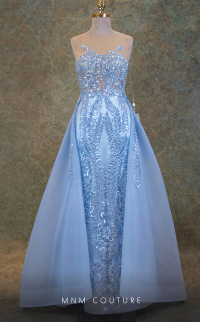 GLAM by MNM Couture V6466 blue column gown with illusion jewel neckline and embellished train | Couture Shop LA