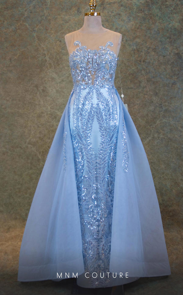 GLAM by MNM Couture V6466 blue column gown with illusion jewel neckline and embellished train | Couture Shop LA