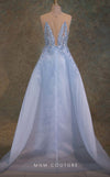 GLAM by MNM Couture V6466 blue column gown with illusion jewel neckline and embellished train | Couture Shop LA