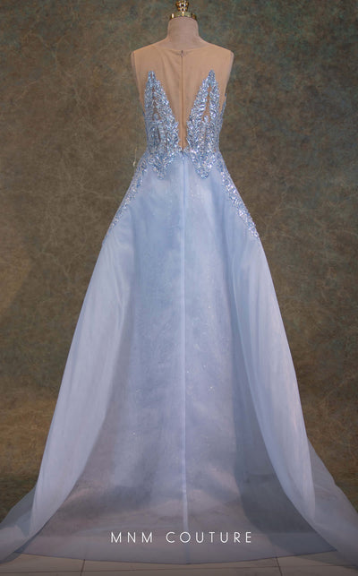 GLAM by MNM Couture V6466 blue column gown with illusion jewel neckline and embellished train | Couture Shop LA