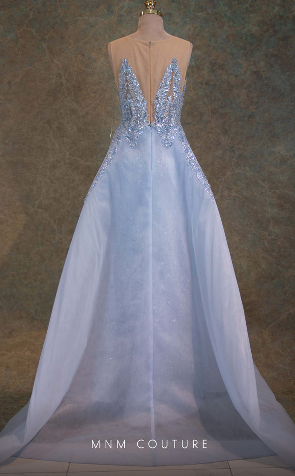 GLAM by MNM Couture V6466 blue column gown with illusion jewel neckline and embellished train | Couture Shop LA