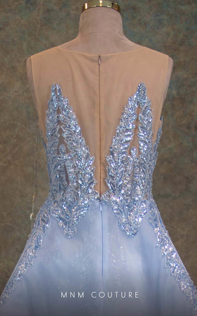 GLAM by MNM Couture V6466 blue column gown with illusion jewel neckline and embellished train | Couture Shop LA