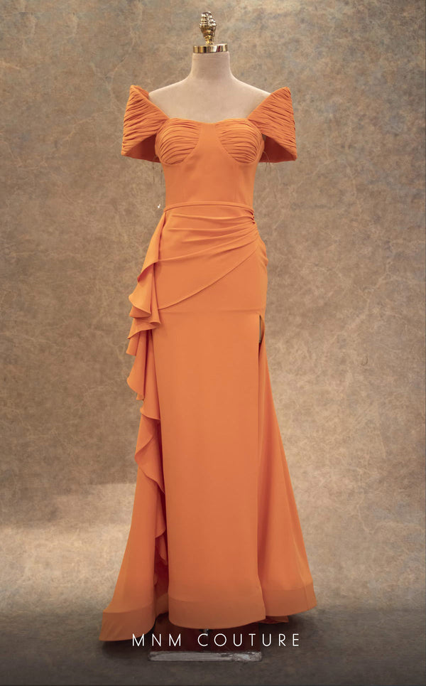 GLAM by MNM Couture V6549 orange column gown with pleated off-shoulder sleeves and flared skirt | Couture Shop LA