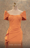 GLAM by MNM Couture V6549 orange column gown with pleated off-shoulder sleeves and flared skirt | Couture Shop LA