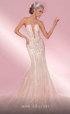 MNM Couture W2100 lace and tulle mermaid gown with halter neckline and deep V-shape design. | Couture Shop LA