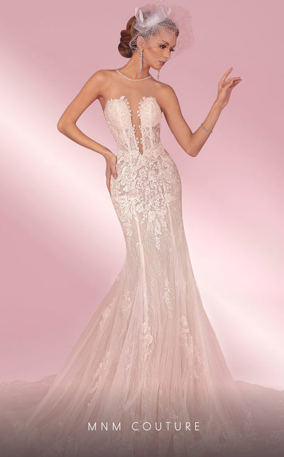 MNM Couture W2100 lace and tulle mermaid gown with halter neckline and deep V-shape design. | Couture Shop LA
