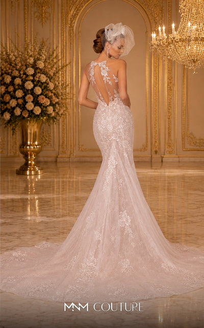 MNM Couture W2100 lace and tulle mermaid gown with halter neckline and deep V-shape design. | Couture Shop LA