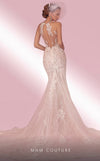 MNM Couture W2100 lace and tulle mermaid gown with halter neckline and deep V-shape design. | Couture Shop LA