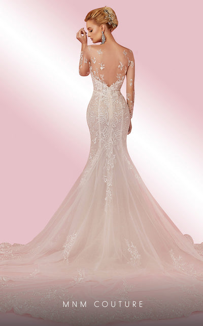 MNM Couture W2101 tulle mermaid gown with lace applique, bead trim, and flowing train. | Couture Shop LA