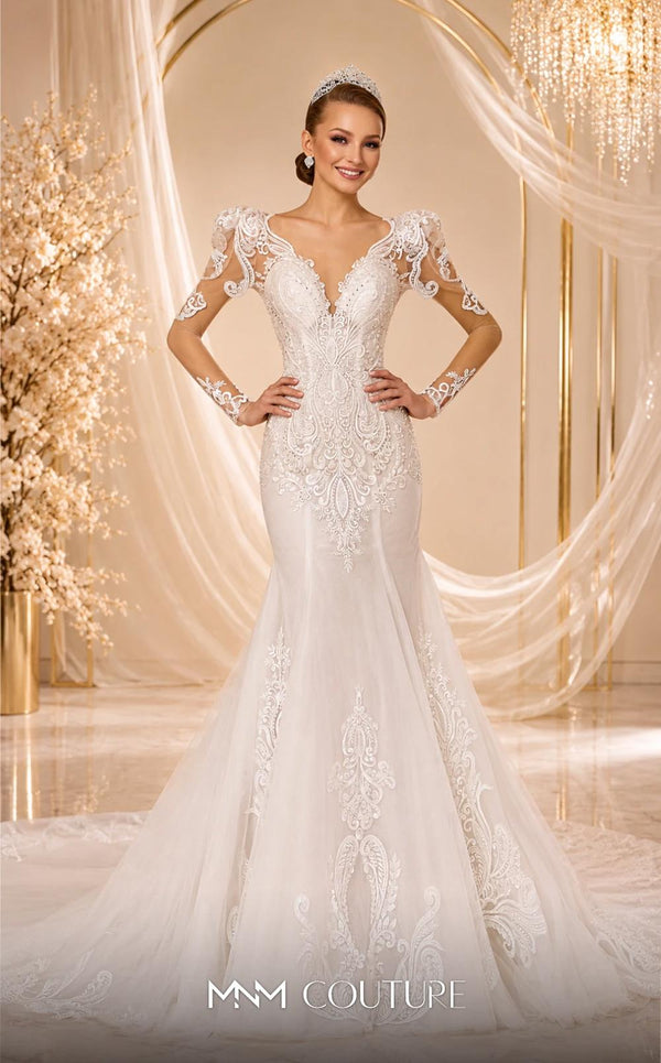 MNM Couture W2102 puffed-sleeve mermaid dress with shiny tulle, lace appliques, and beaded trim. | Couture Shop LA