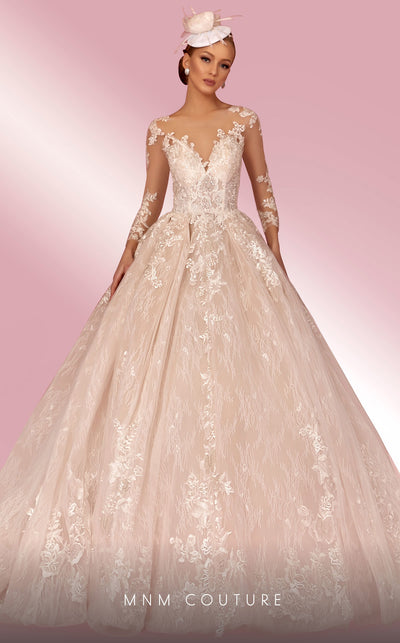 MNM Couture W2105 ball gown with sheer sleeves and lace applique detailing. | Couture Shop LA