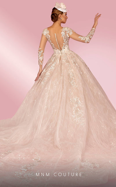 MNM Couture W2105 ball gown with sheer sleeves and lace applique detailing. | Couture Shop LA