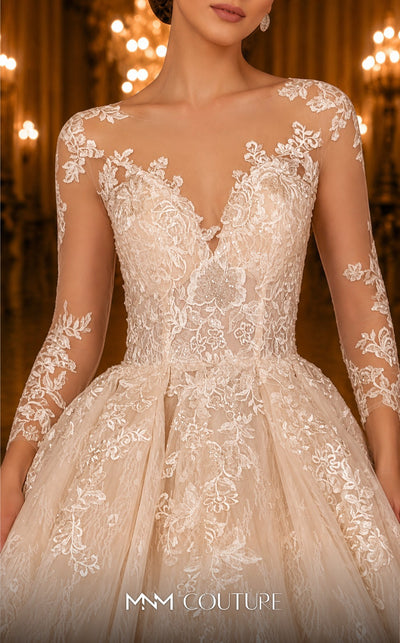 MNM Couture W2105 ball gown with sheer sleeves and lace applique detailing. | Couture Shop LA
