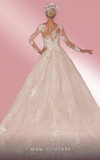 MNM Couture W2106 princess gown with sheer sleeves, lace overlays, and intricate beaded details. | Couture Shop LA