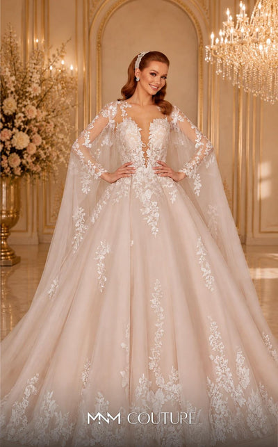 MNM Couture W2108 princess gown with removable tulle cape, lace appliques, and deep V-neckline details. | Couture Shop LA