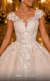 MNM Couture W2109 off-shoulder corset princess gown with lace appliques and layered tulle design. | Couture Shop LA