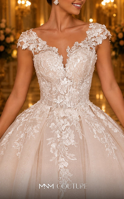 MNM Couture W2109 off-shoulder corset princess gown with lace appliques and layered tulle design. | Couture Shop LA