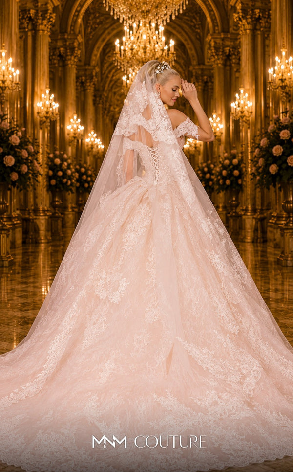 MNM Couture W2111 off-shoulder princess gown with corset and layered tulle-lace skirt trim. | Couture Shop LA