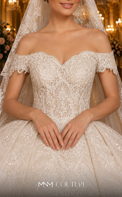 MNM Couture W2111 off-shoulder princess gown with corset and layered tulle-lace skirt trim. | Couture Shop LA