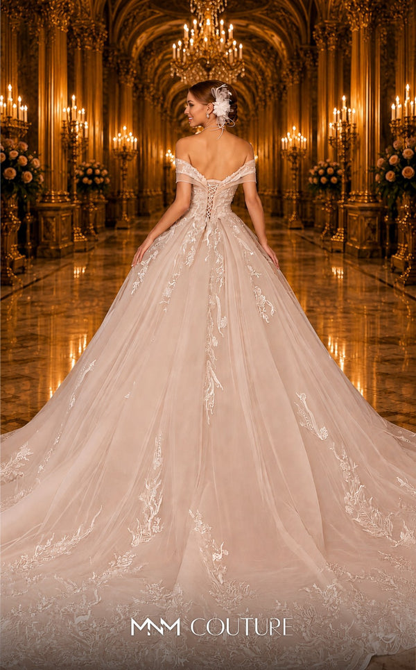 MNM Couture W2112 off-shoulder princess dress with corset bodice and intricate lace detailing. | Couture Shop LA