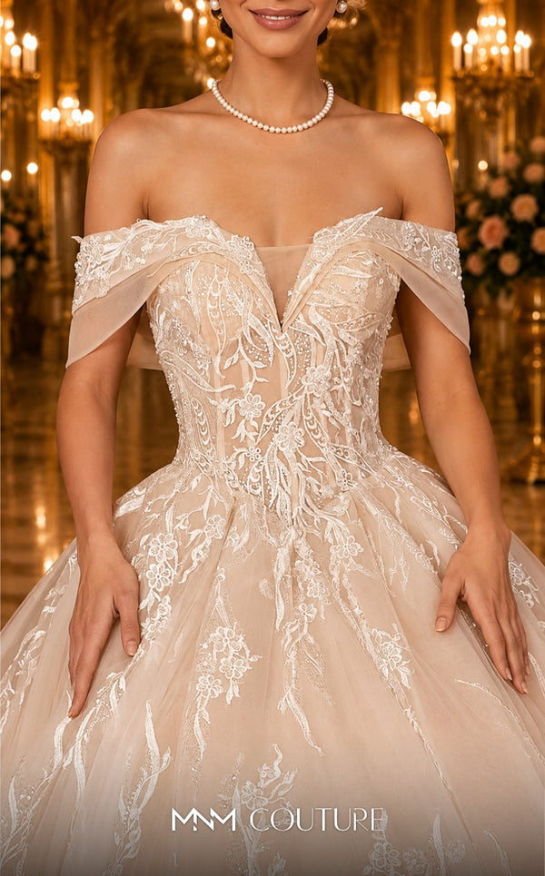 MNM Couture W2112 off-shoulder princess dress with corset bodice and intricate lace detailing. | Couture Shop LA