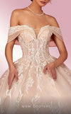 MNM Couture W2112 off-shoulder princess dress with corset bodice and intricate lace detailing. | Couture Shop LA