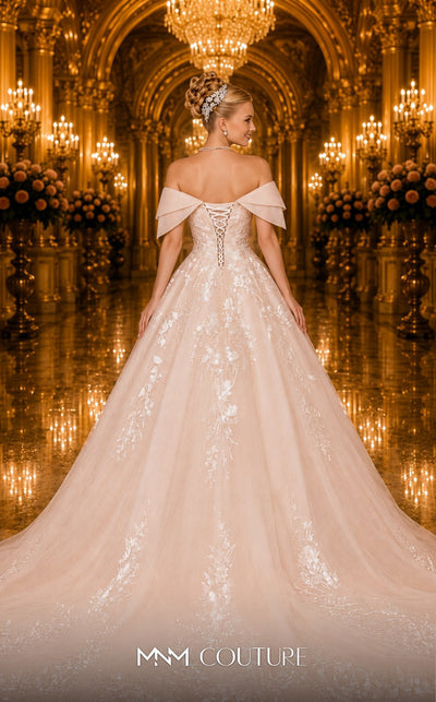 MNM Couture W2114 off-shoulder A-line gown with layered lace and beaded detailing. | Couture Shop LA