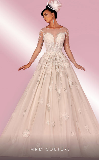 MNM Couture W2116 princess gown with 3D lace flowers, tulle layers, and intricate beaded sleeves. | Couture Shop LA