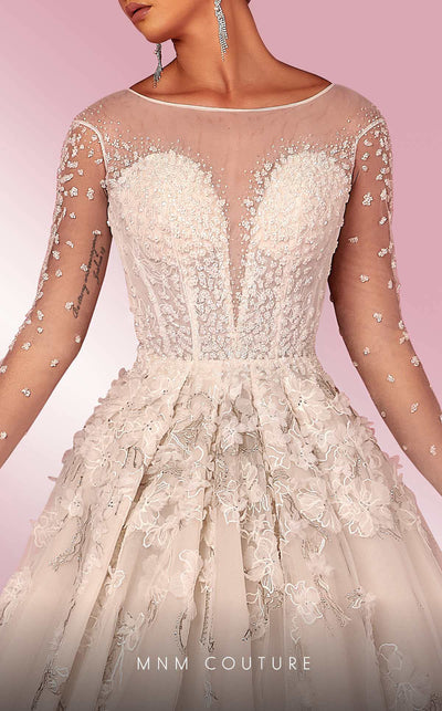 MNM Couture W2116 princess gown with 3D lace flowers, tulle layers, and intricate beaded sleeves. | Couture Shop LA