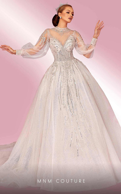 MNM Couture W2117 princess gown with puffed sleeves, shiny tulle, and beaded accents. | Couture Shop LA