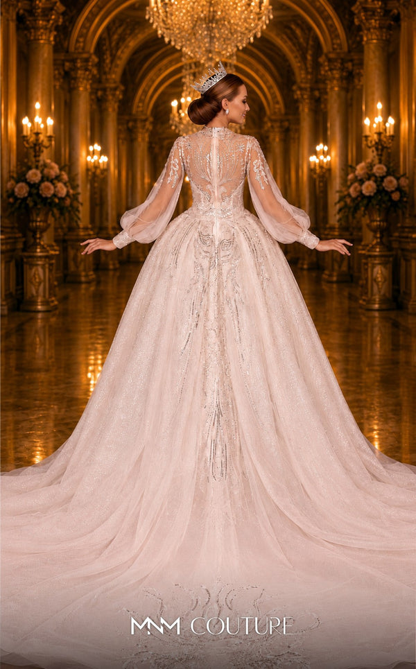 MNM Couture W2117 princess gown with puffed sleeves, shiny tulle, and beaded accents. | Couture Shop LA
