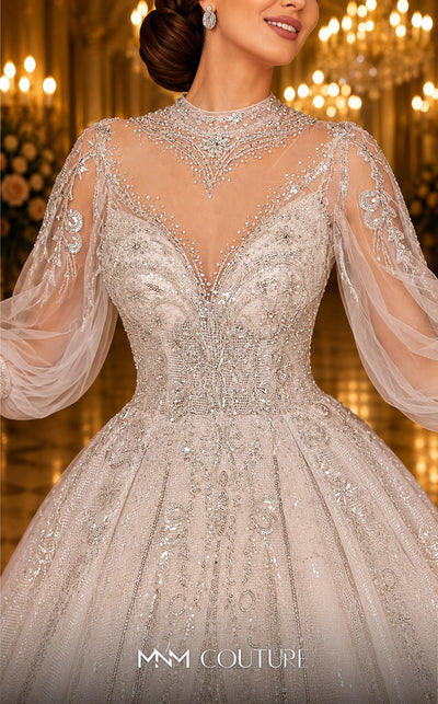 MNM Couture W2117 princess gown with puffed sleeves, shiny tulle, and beaded accents. | Couture Shop LA