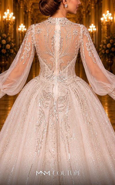 MNM Couture W2117 princess gown with puffed sleeves, shiny tulle, and beaded accents. | Couture Shop LA