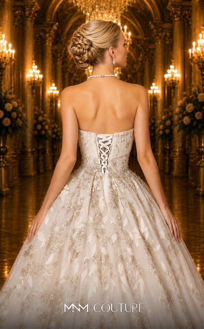 MNM Couture W2118 strapless princess gown with tulle layers, embroidery, and delicate bead trim. | Couture Shop LA